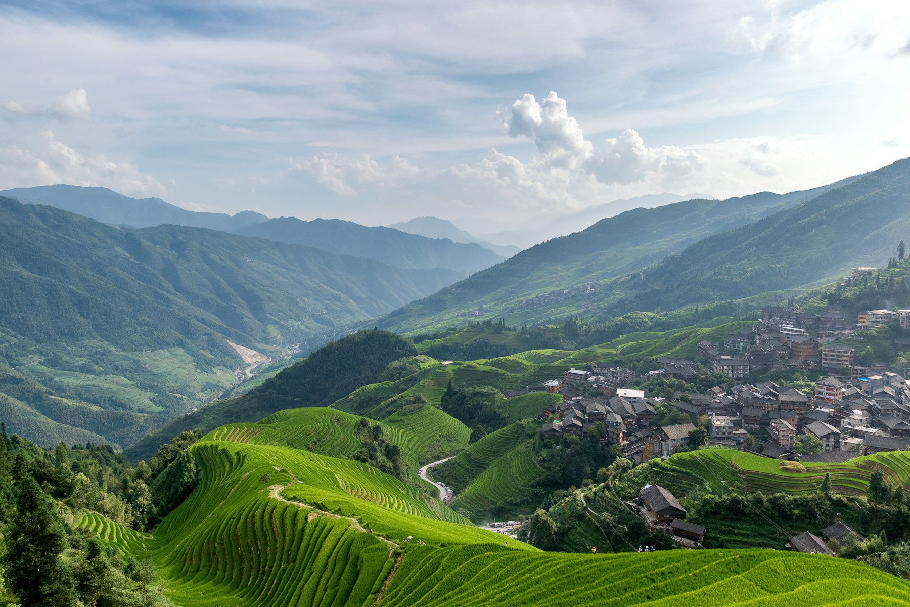 Terraced hills and a village in China