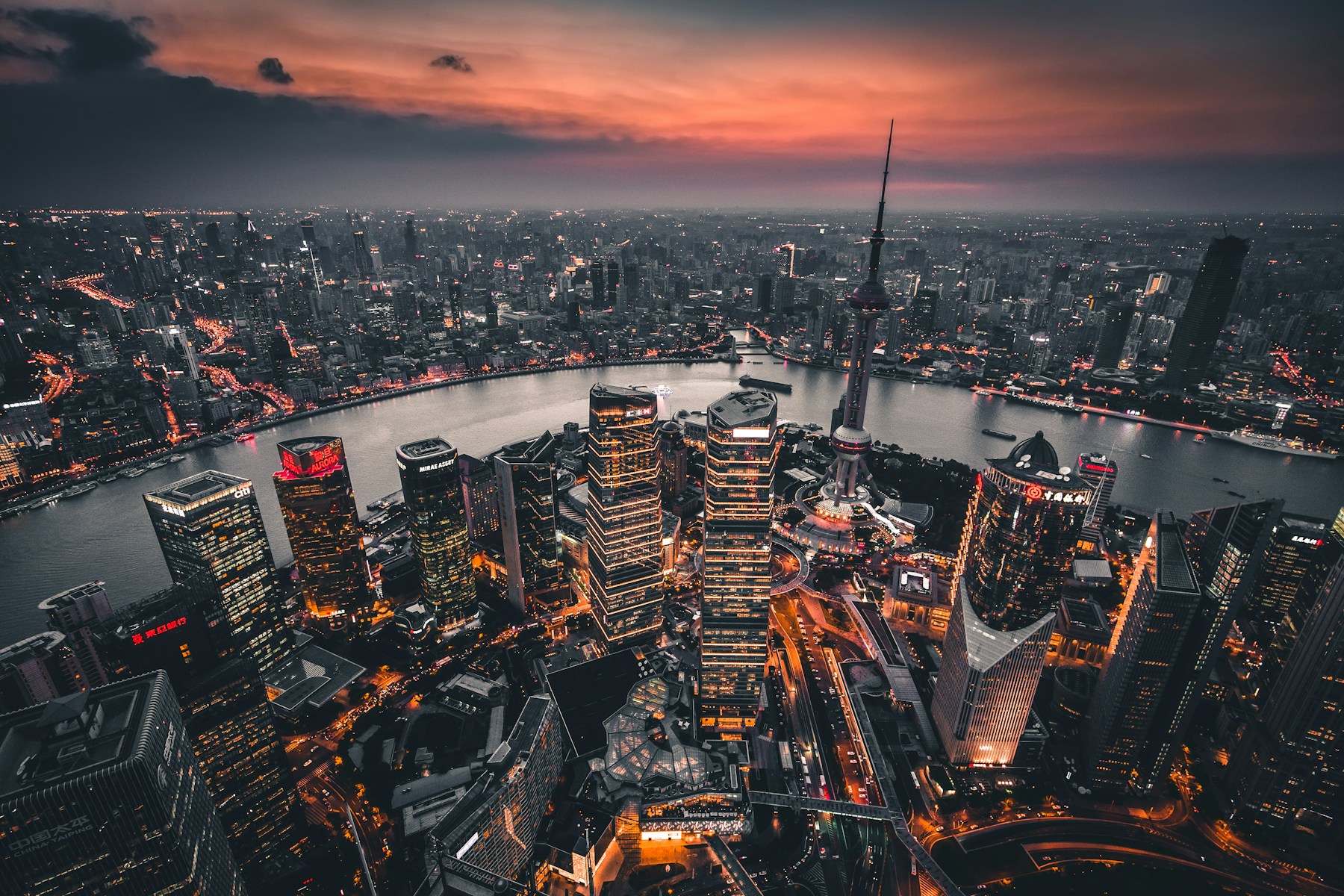 Shanghai skyline and the Huangpu River at dusk